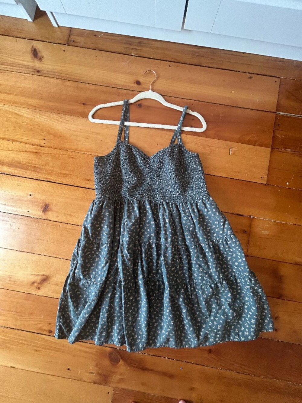 Madewell Tucker Tie Strap Mini Dress Green Floral Smocked Tiered XXL Summer
